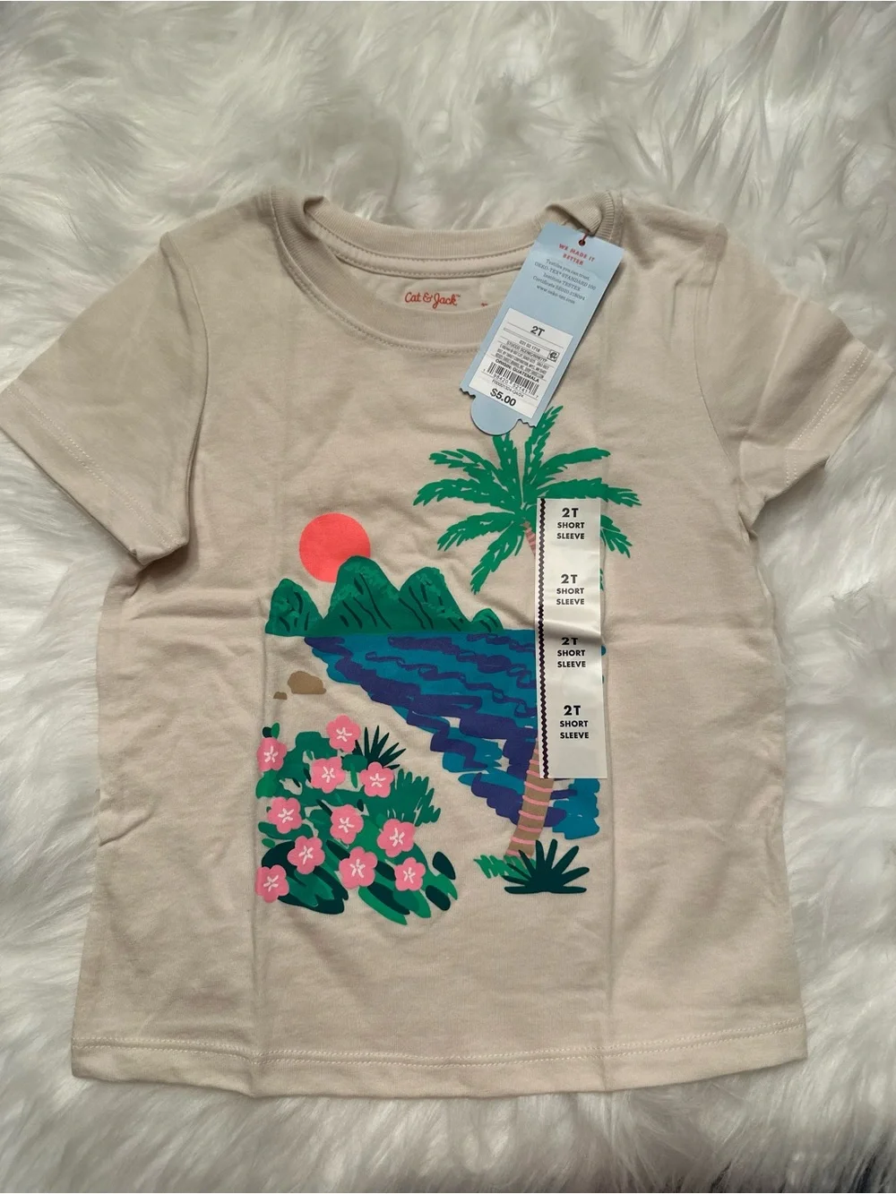 Cat & Jack Beige Tee with Pink Flowers and Tropical Print